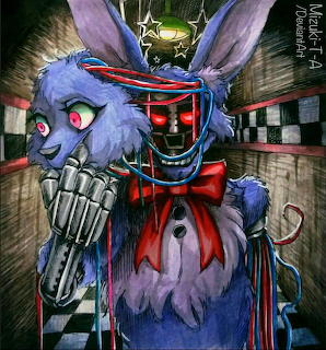 Dark illustration of Withered Bonnie animatronic rabbit from FNAF with exposed metal endoskeleton and red eyes