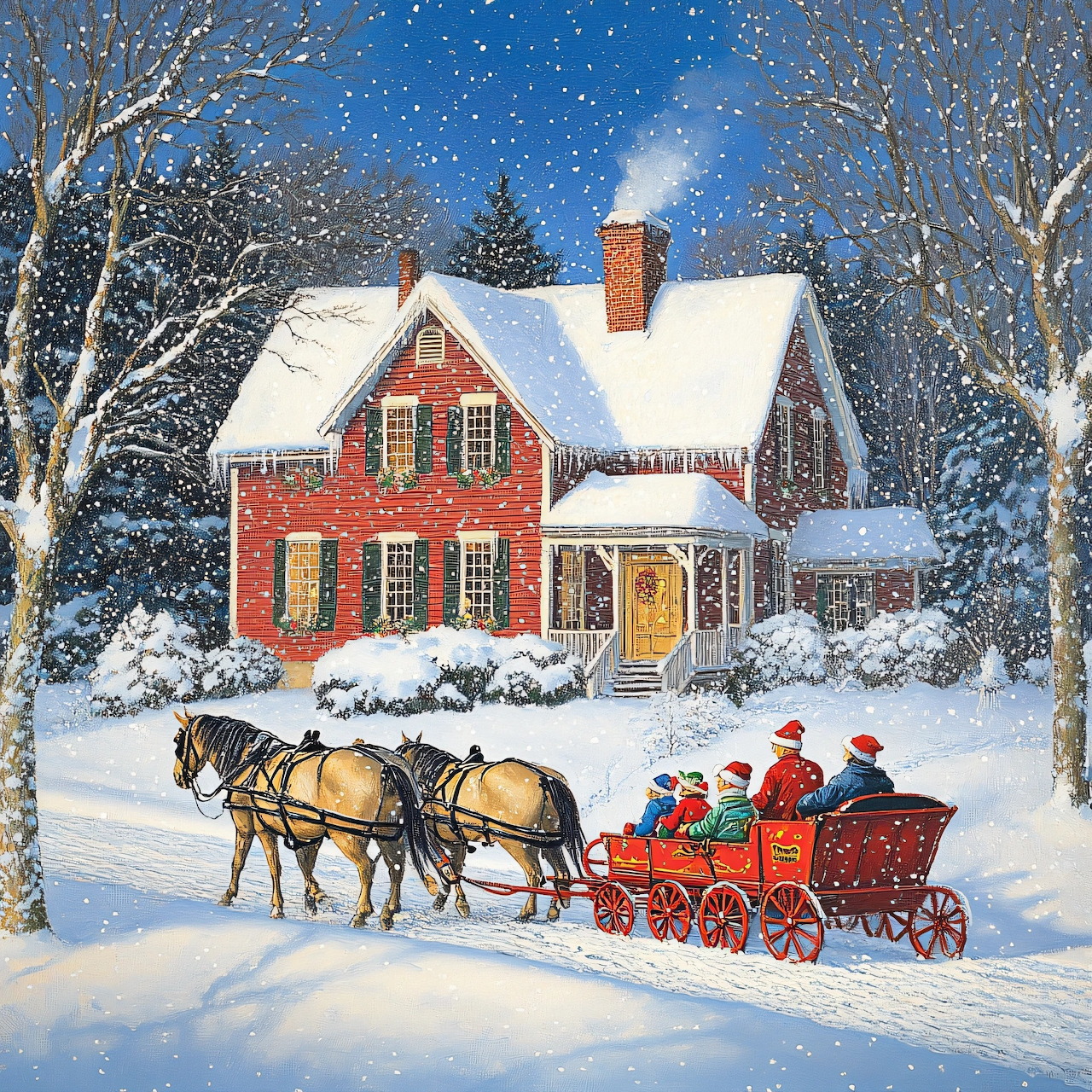 Horse-drawn sleigh with passengers in snow passing a red house at night under stars