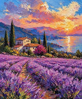 Painting of a lavender field, cottage, cypress trees, mountains, and sunset over the water