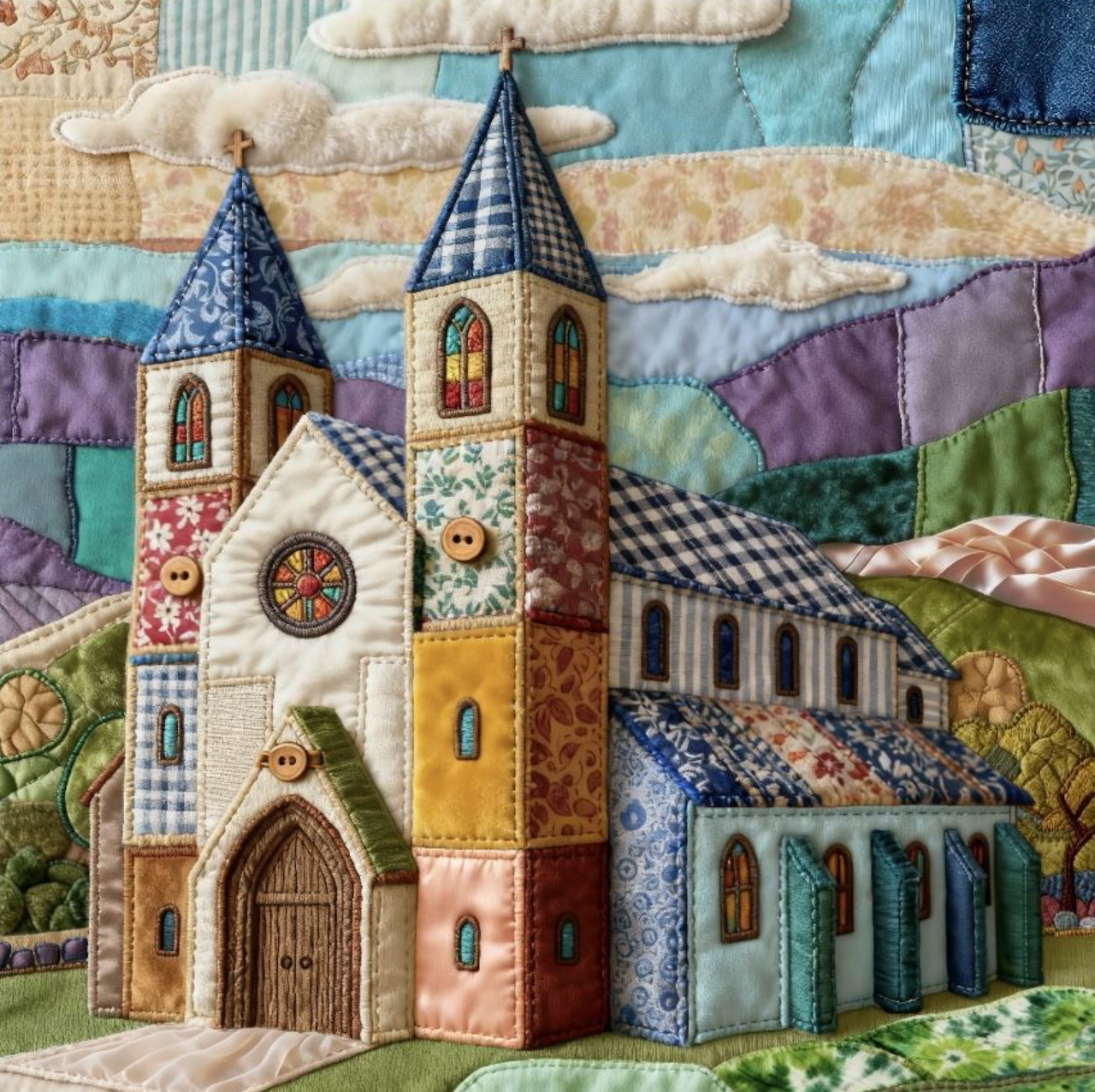 Patchwork quilt depicting a church with twin steeples against a pastel landscape