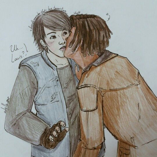 Hand-drawn sketch of two young men kissing, with one wearing a light jacket and the other a brown coat