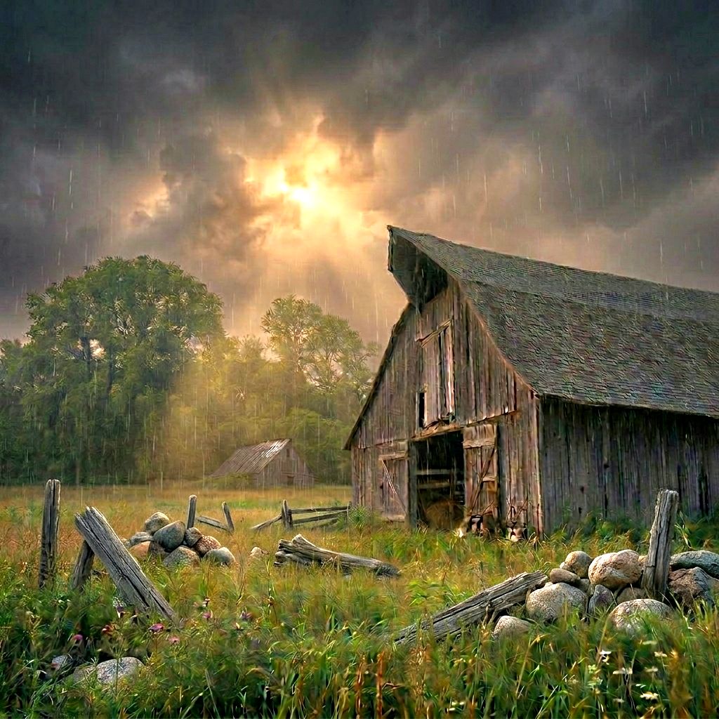Old wooden barn in field with dramatic sunset and storm clouds overhead