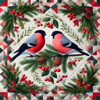 Two bullfinches on evergreen branches with berries, framed by festive quilt pattern border