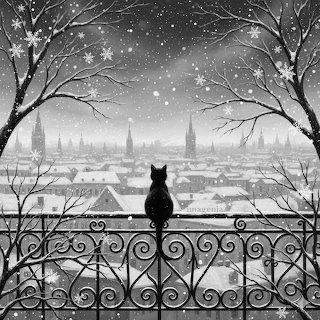 Cat Watching Snowy Cityscape