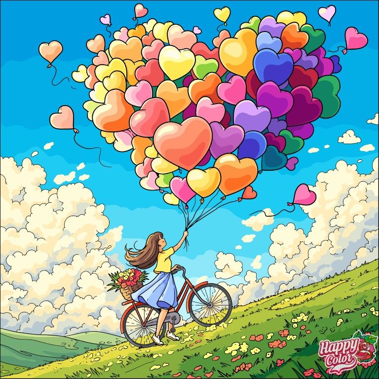 Girl on bicycle floating with rainbow heart balloons in blue sky over green hillside