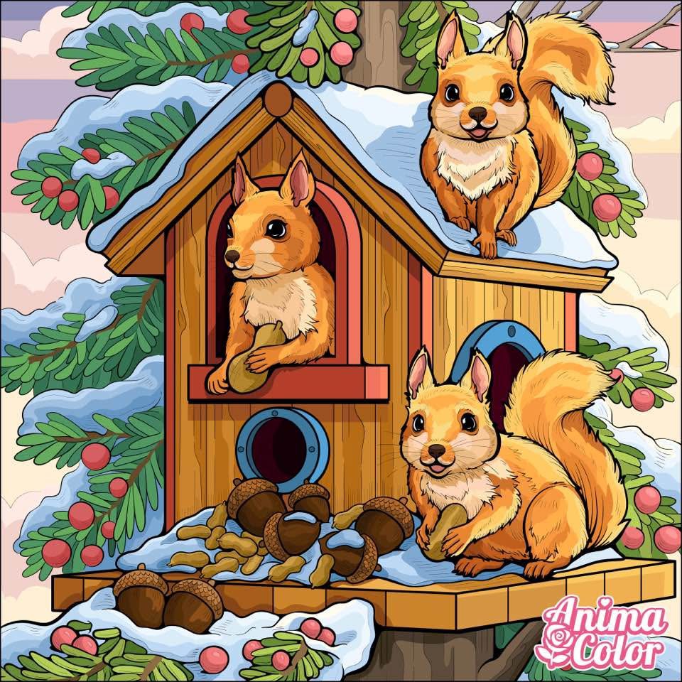 Illustration of three squirrels on a wooden feeder in snow with pine branches and acorns