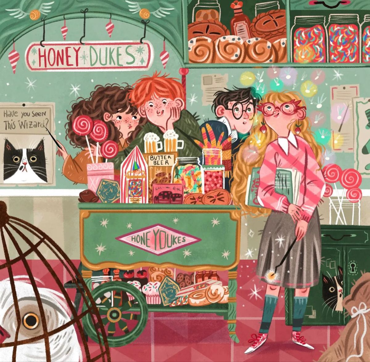 Illustration of Honeydukes candy shop with colorful sweets and wizard students inside