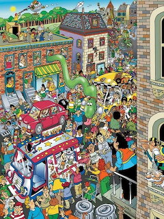 Vibrant illustration of a crowded town street with market vendors, shoppers, buildings, and busy activity throughout