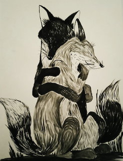 Ink drawing of two foxes hugging, one black and one white, with fluffy tails