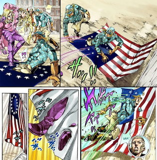 Manga-style collage with a blue humanoid figure and several American flag panels
