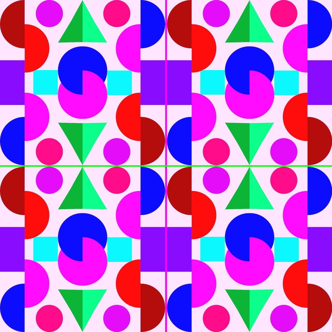Repeating geometric pattern with colorful shapes including circles, triangles, and squares in bright colors