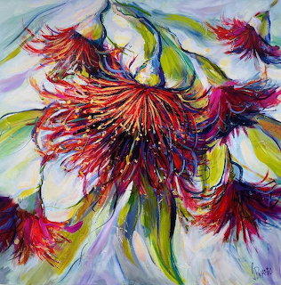 Abstract painting of red flowers with green leaves on a pale background
