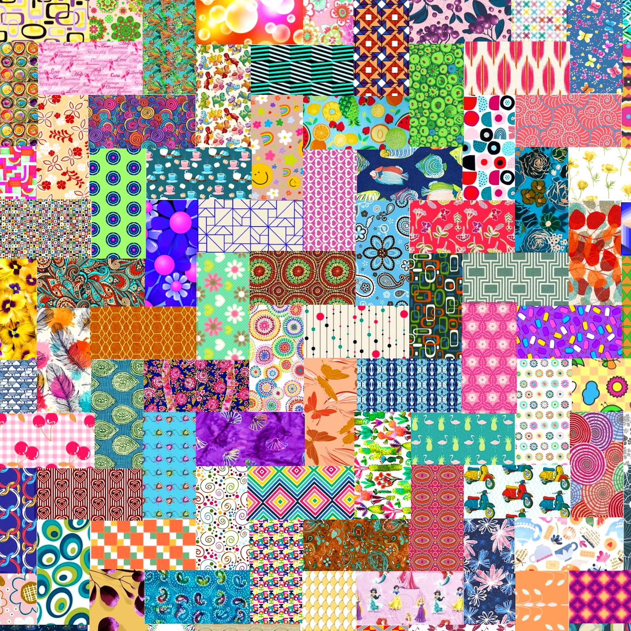 Colorful patchwork quilt with dozens of different patterns including flowers, dots, stripes and geometric shapes
