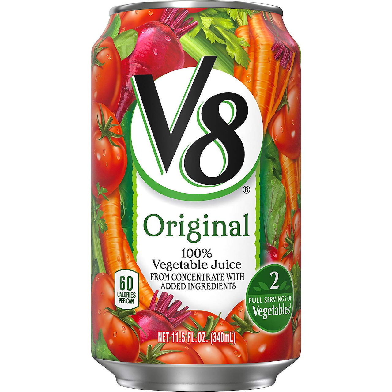 V8 Original vegetable juice can with tomatoes and vegetables on red label