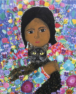 Folk art portrait of girl with braids holding black cat against colorful floral background