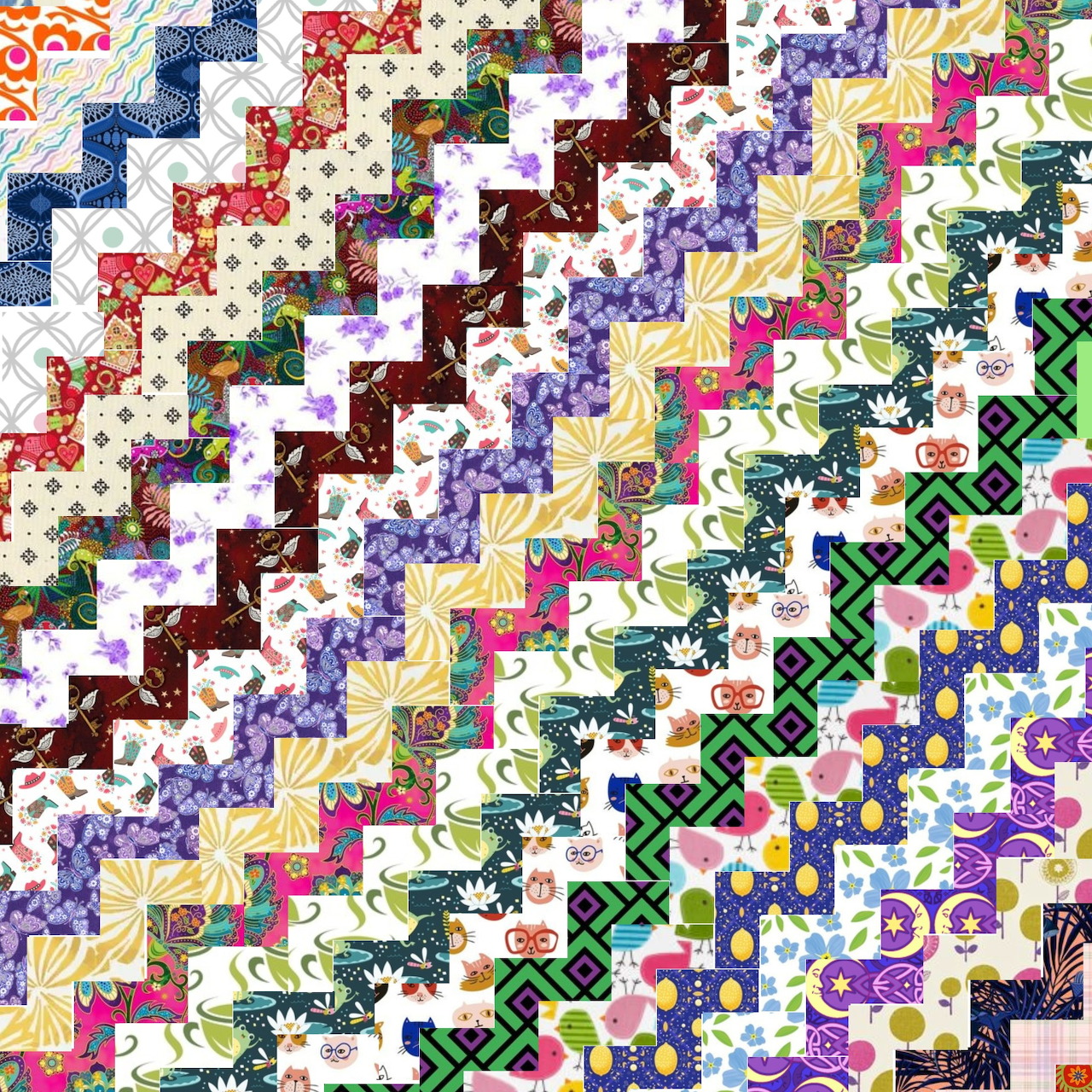 Colorful zigzag patchwork quilt with floral and geometric patterns in diagonal chevron stripes