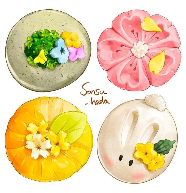 Four colorful round flower-themed desserts illustrated on a white background