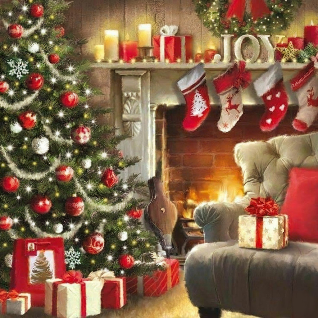 Christmas tree beside a lit fireplace with stockings, candles, gifts, and a chair
