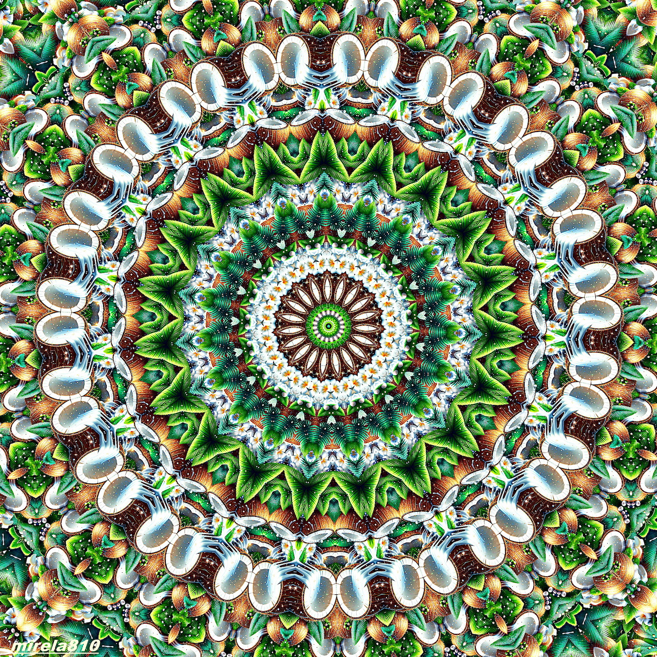Circular mandala with green, white, and orange symmetrical geometric patterns radiating from center