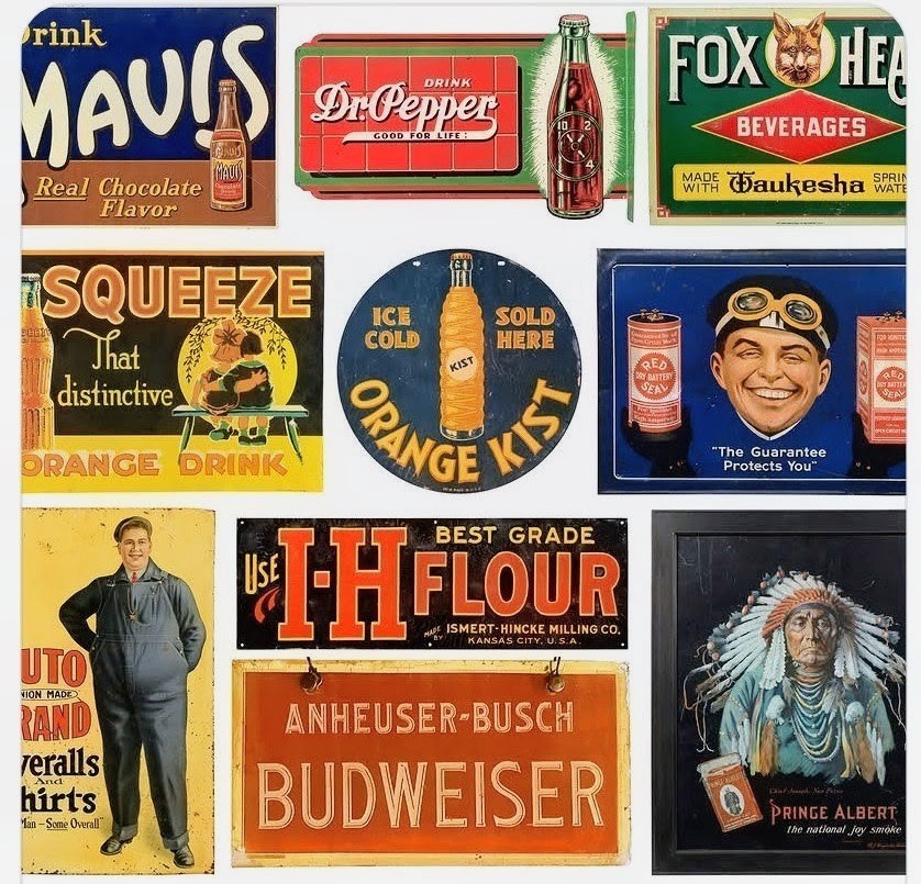 Grid of vintage advertising signs including Mavis, Dr Pepper, Fox Head, Squeeze, IH Flour, and Budweiser
