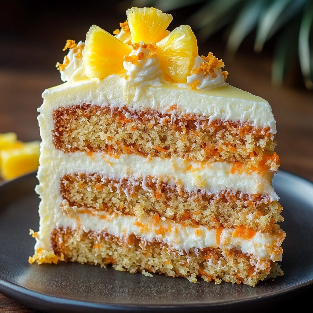 Slice of layered carrot cake with cream frosting and pineapple topping on a dark plate