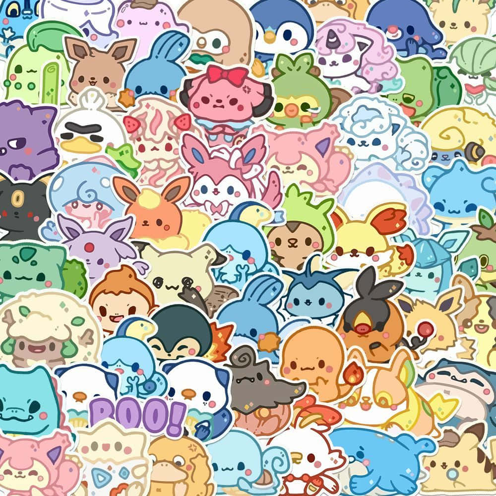 Colorful collage of many cute chibi Pokémon-style cartoon characters