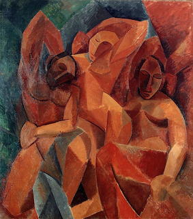 Cubist painting of three abstracted women in angular orange and brown geometric shapes