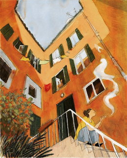 Illustration of an orange Mediterranean building courtyard with green shutters, laundry, and a girl on stairs