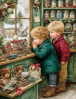 Two boys looking at Christmas toys and teddy bears through a vintage shop window