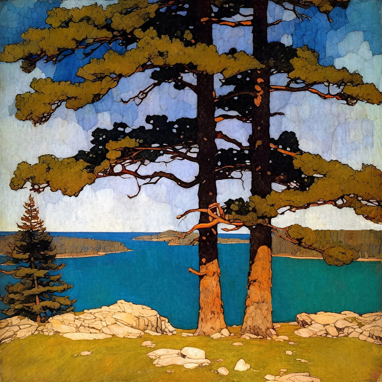 Painting of twin pine trees beside a blue lake with rocks, hills, and a small evergreen