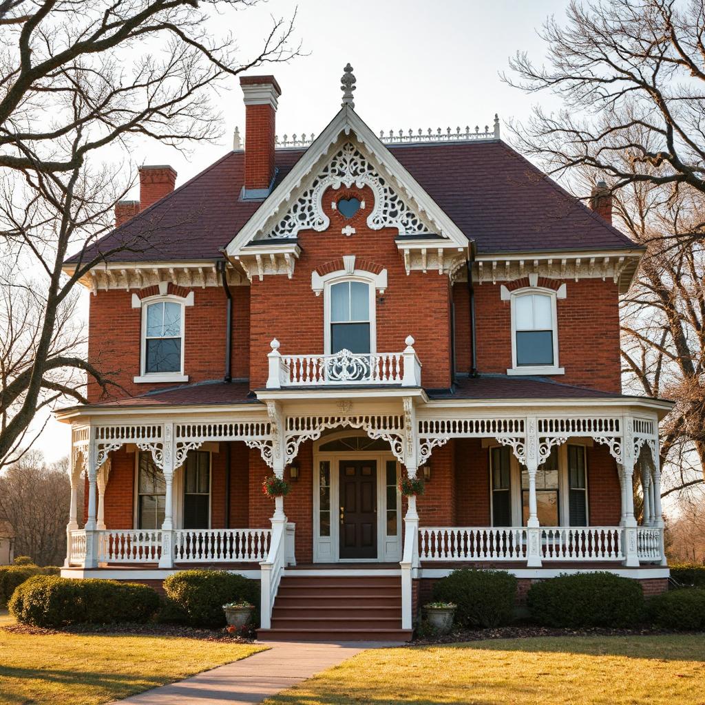 Red brick Victorian house with white ornate porch and gables surrounded by bare trees