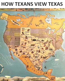 Humorous illustrated map titled How Texans View Texas showing an oversized Texas covering most of North America