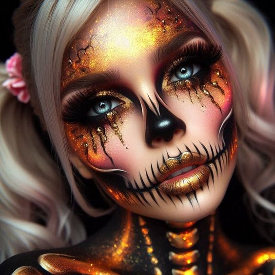 Woman wearing elaborate Day of the Dead skull makeup with gold glitter accents and pink flowers in her hair
