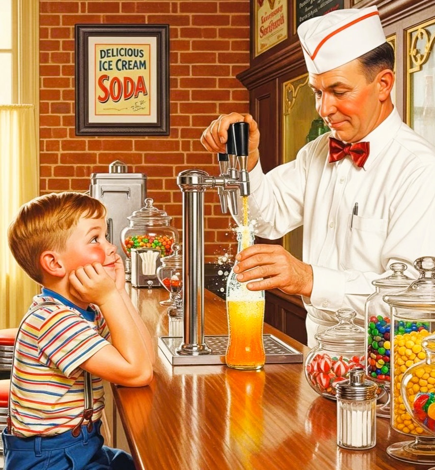 Vintage soda fountain scene with a boy watching a soda jerk pour a drink at a candy-filled counter
