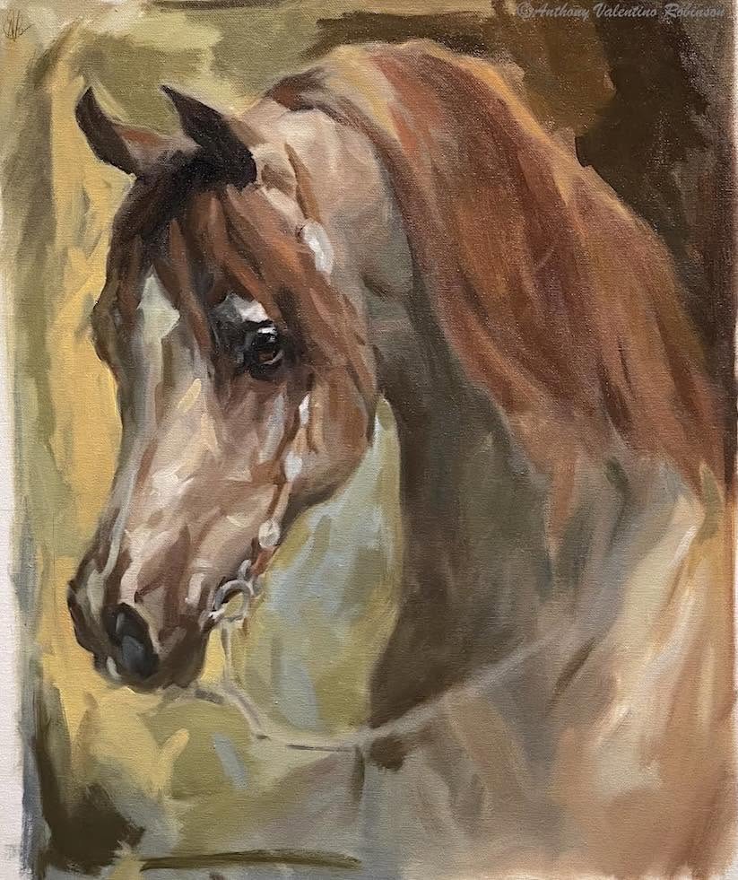 Oil painting of a chestnut Arabian horse head with flowing mane against a warm golden-green background
