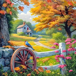 Autumn Country House with Bluebird