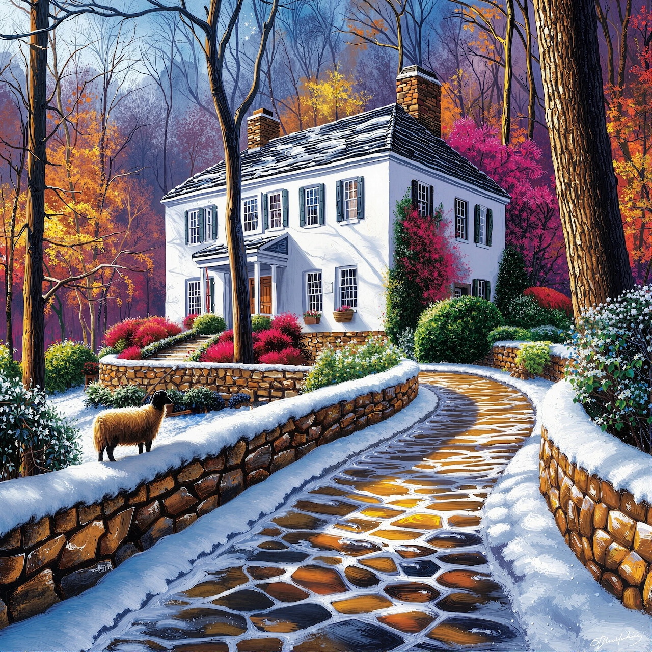 White colonial house beside winding stone path through snowy autumn forest with deer