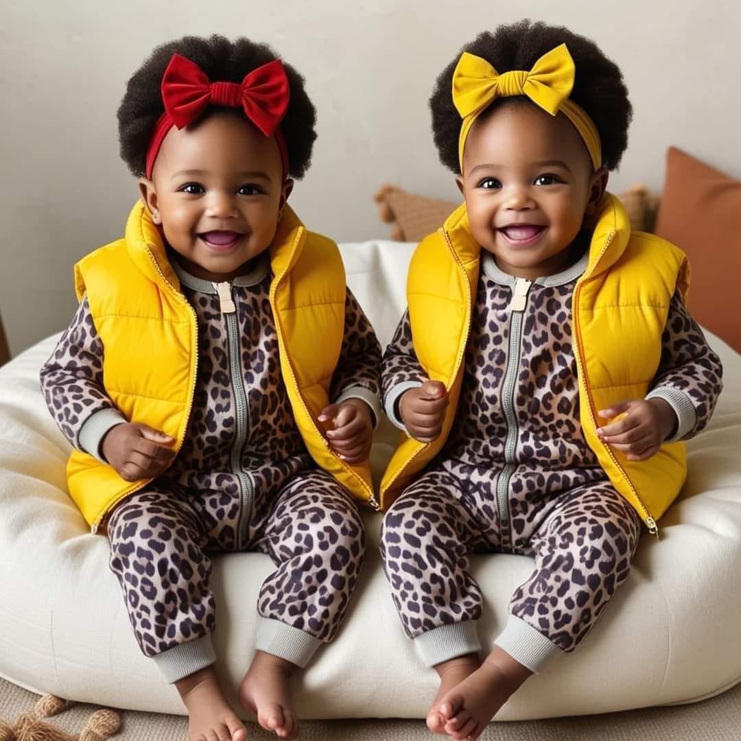 Two happy toddler twins in yellow vests and bright bows sitting on a white chair