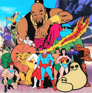 Group illustration of Hanna-Barbera cartoon superheroes and adventure characters in vibrant colors