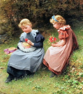 Painting of two young girls sitting on grass by a forest, one holding a doll and the other holding flowers