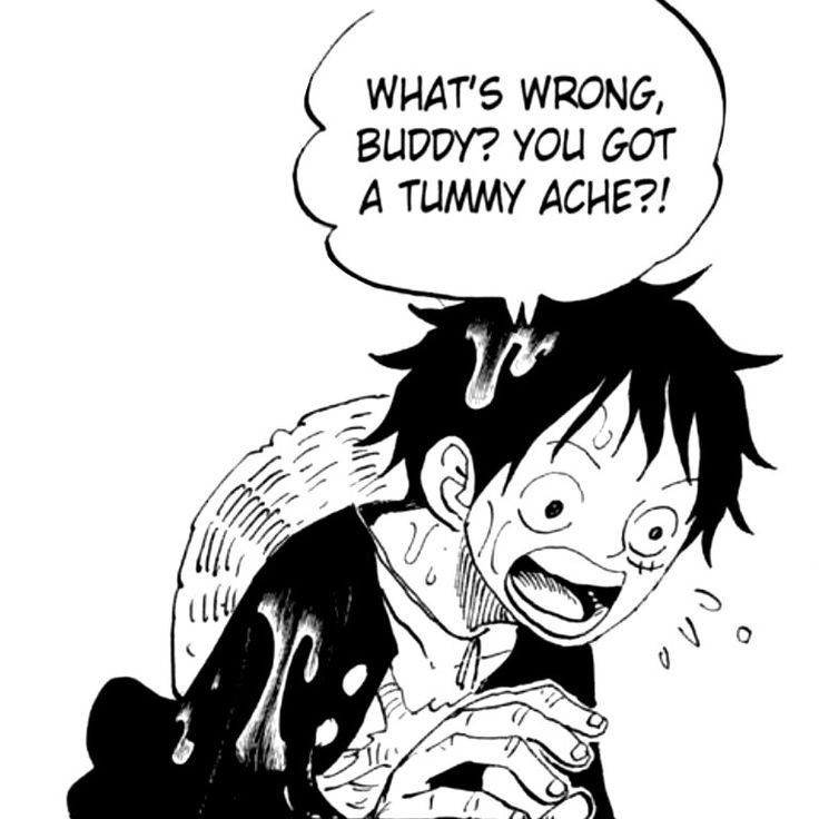 Manga panel of Luffy grinning with speech bubble above