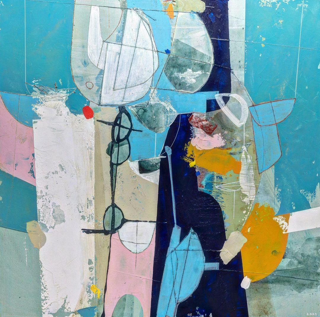 Abstract geometric painting with circles, rectangles, and curved shapes in turquoise, navy, pink, yellow, and white