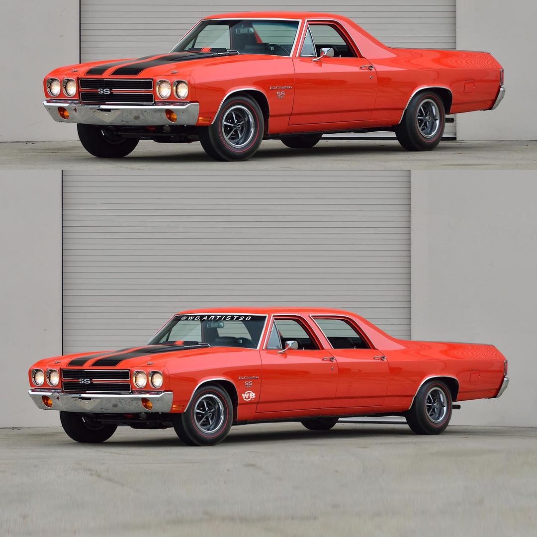 Collage of two red classic Chevrolet muscle cars parked in front of a gray wall