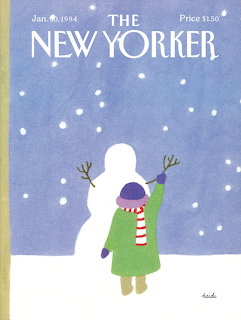 Illustration of a child in a green coat standing beside a snowman in falling snow.