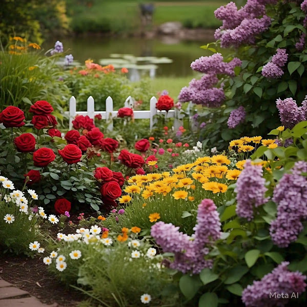 Vibrant garden with red roses, yellow flowers, purple lilacs beside a small pond with white picket fence