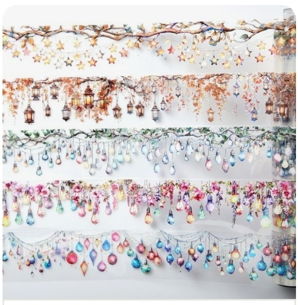 Watercolor illustration of decorative hanging garlands with stars, lanterns, crystals, and colorful ornaments