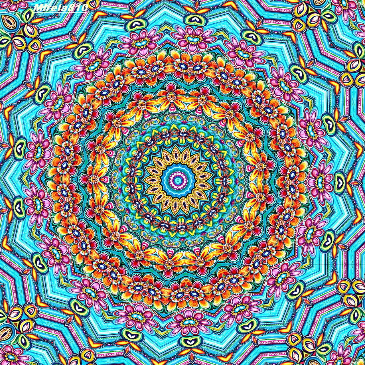 Vibrant circular mandala with multicolored concentric rings and intricate symmetrical patterns on turquoise background