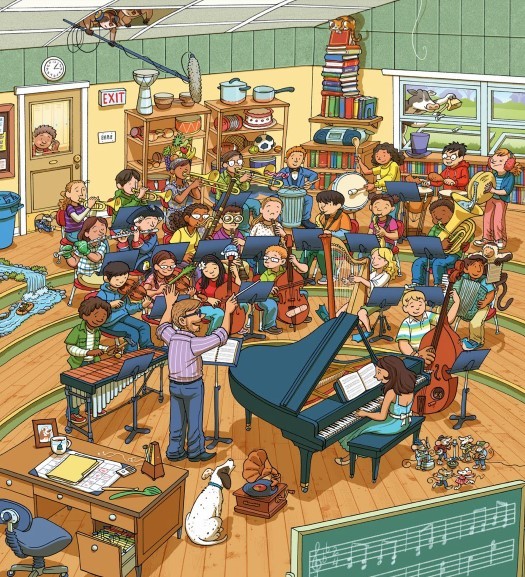 Cartoon illustration of crowded music classroom with many children playing different instruments