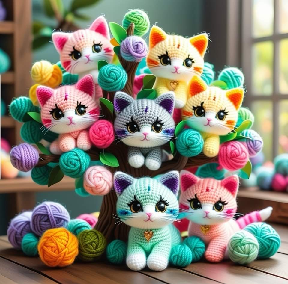Colorful crocheted amigurumi cats sitting on and around a yarn ball tree on a wooden table