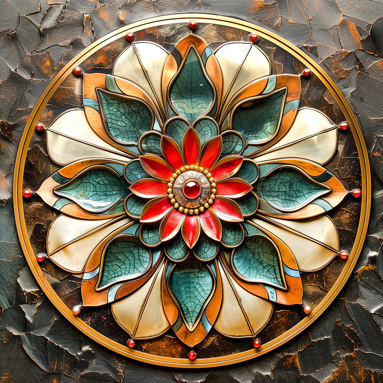 Decorative mandala with red flower center and teal petals in enamel on copper